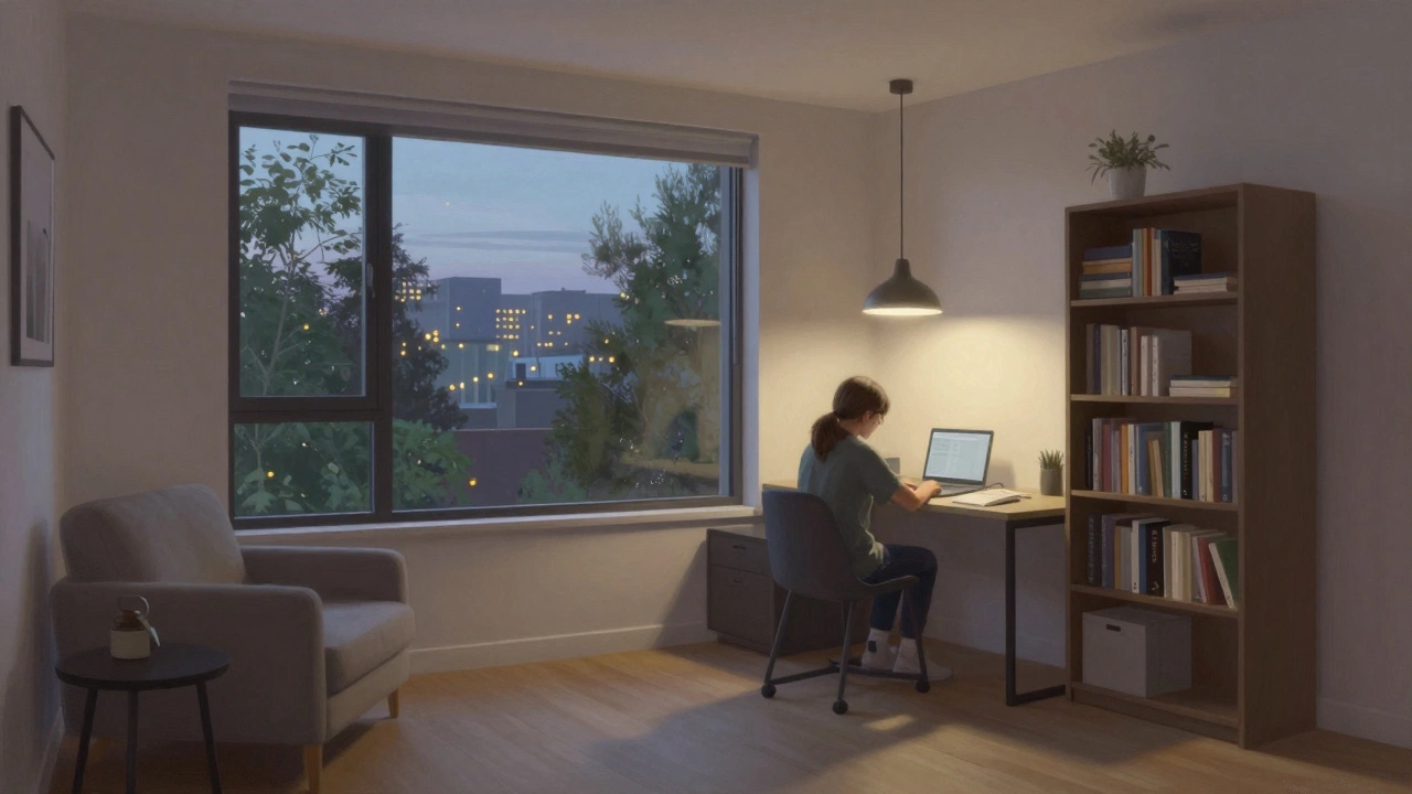 A quiet, modern student studio apartment with a desk, bookshelf, and large window overlooking trees at dusk.