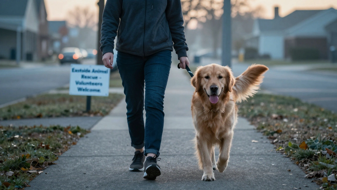A volunteer walking a rescue dog on a peaceful morning path.