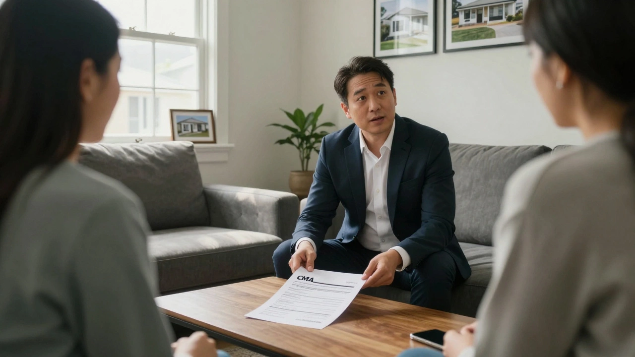 Agent explaining offer details to sellers using a CMA report in their living room.
