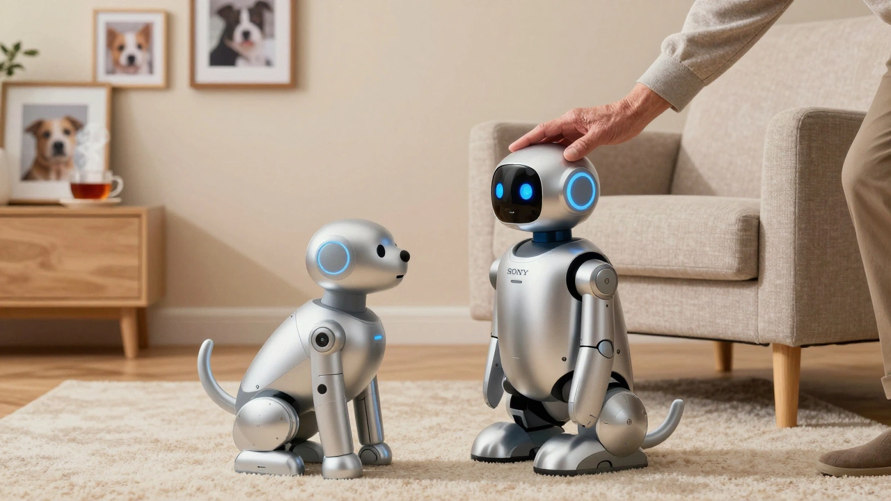 An elderly person gently petting a robotic dog on a cozy rug.