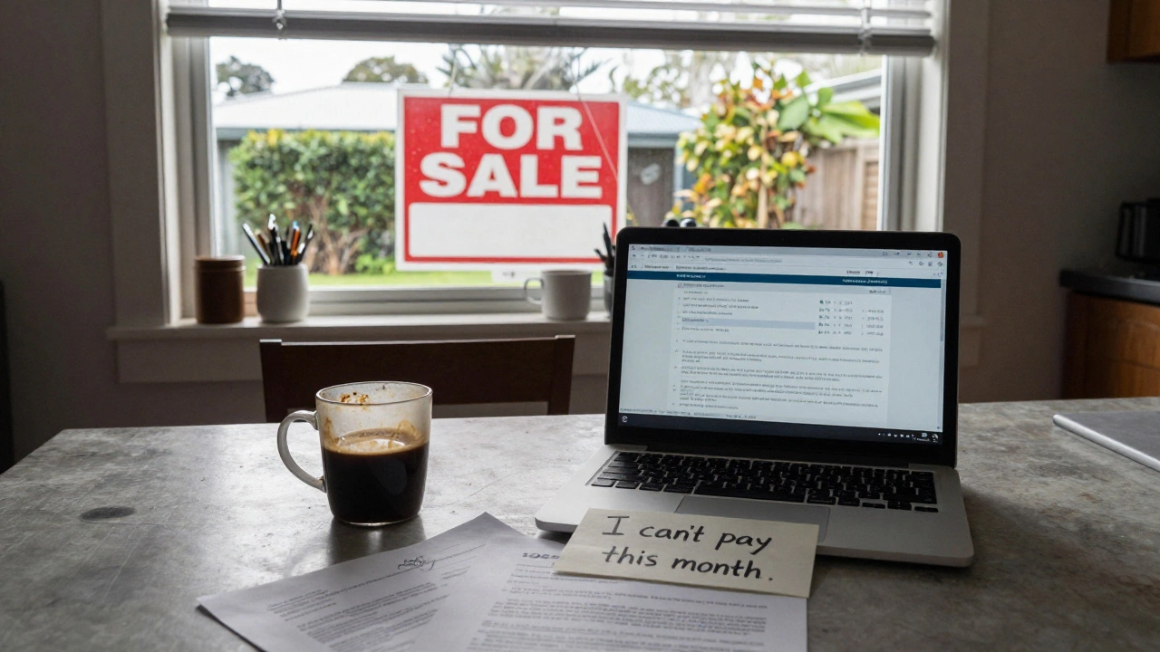 Cluttered kitchen table with mortgage documents and a crumpled legal note, rain visible through the window.