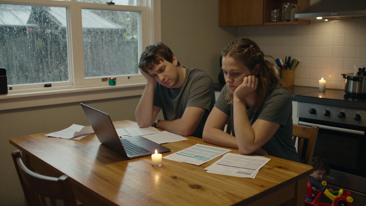Couple at kitchen table surrounded by bills and a mortgage calculator, candlelight glowing in a modest Auckland home.