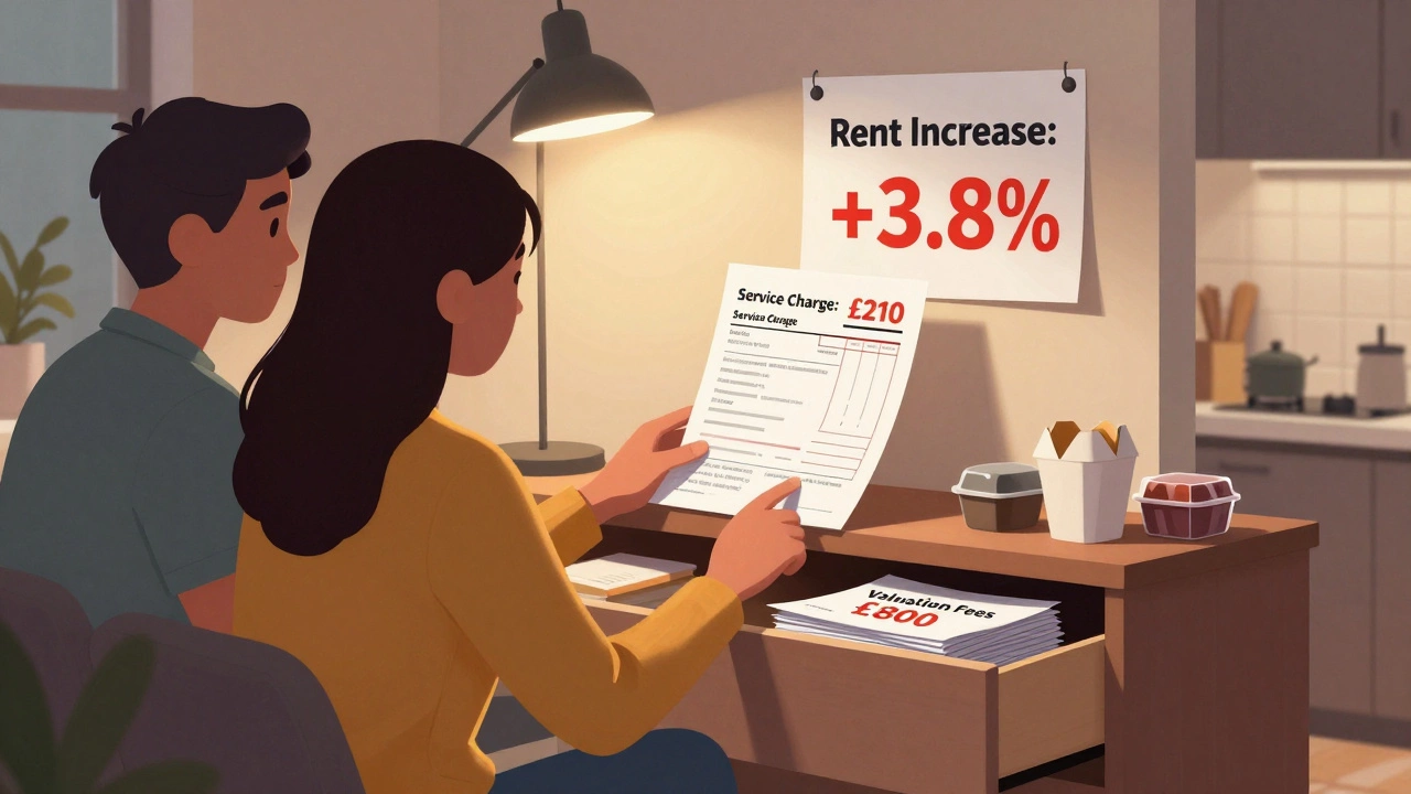 Couple in apartment staring at a high monthly service charge bill.