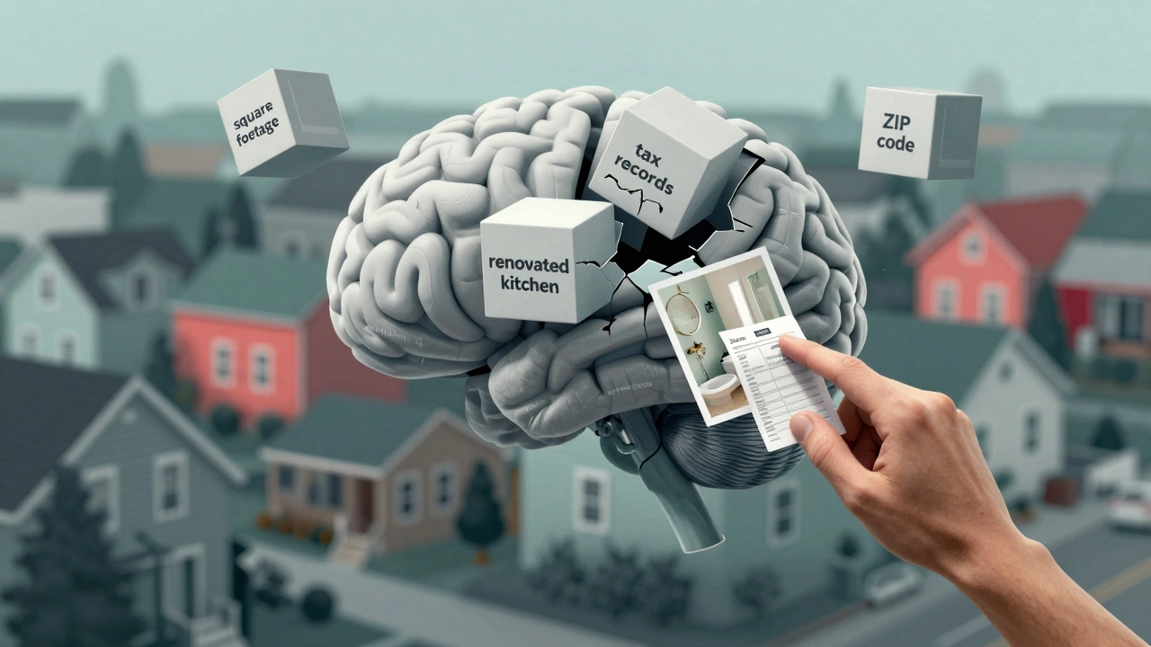 Digital algorithm with floating data cubes, one falling out as a person adds a renovation photo.