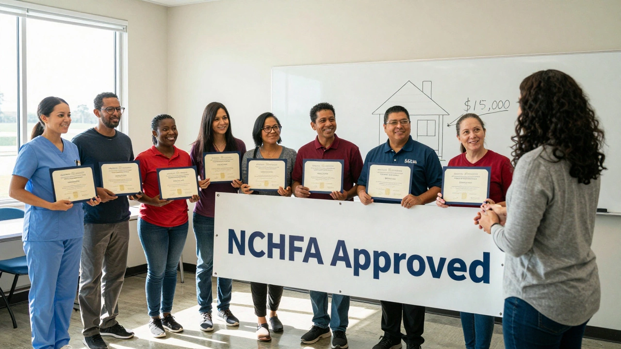 Diverse families holding homebuyer certificates in a community center with an advisor.