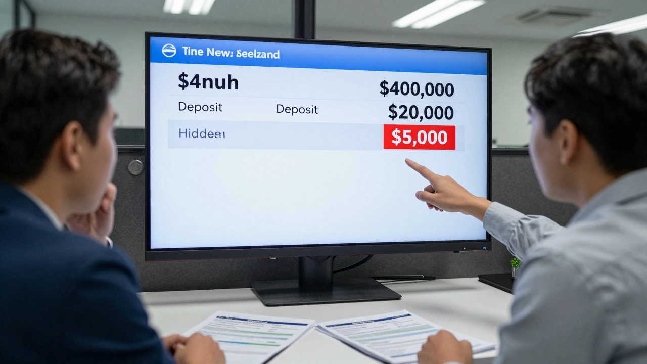 Financial advisor showing mortgage fees on screen to anxious first-time buyer in bank.