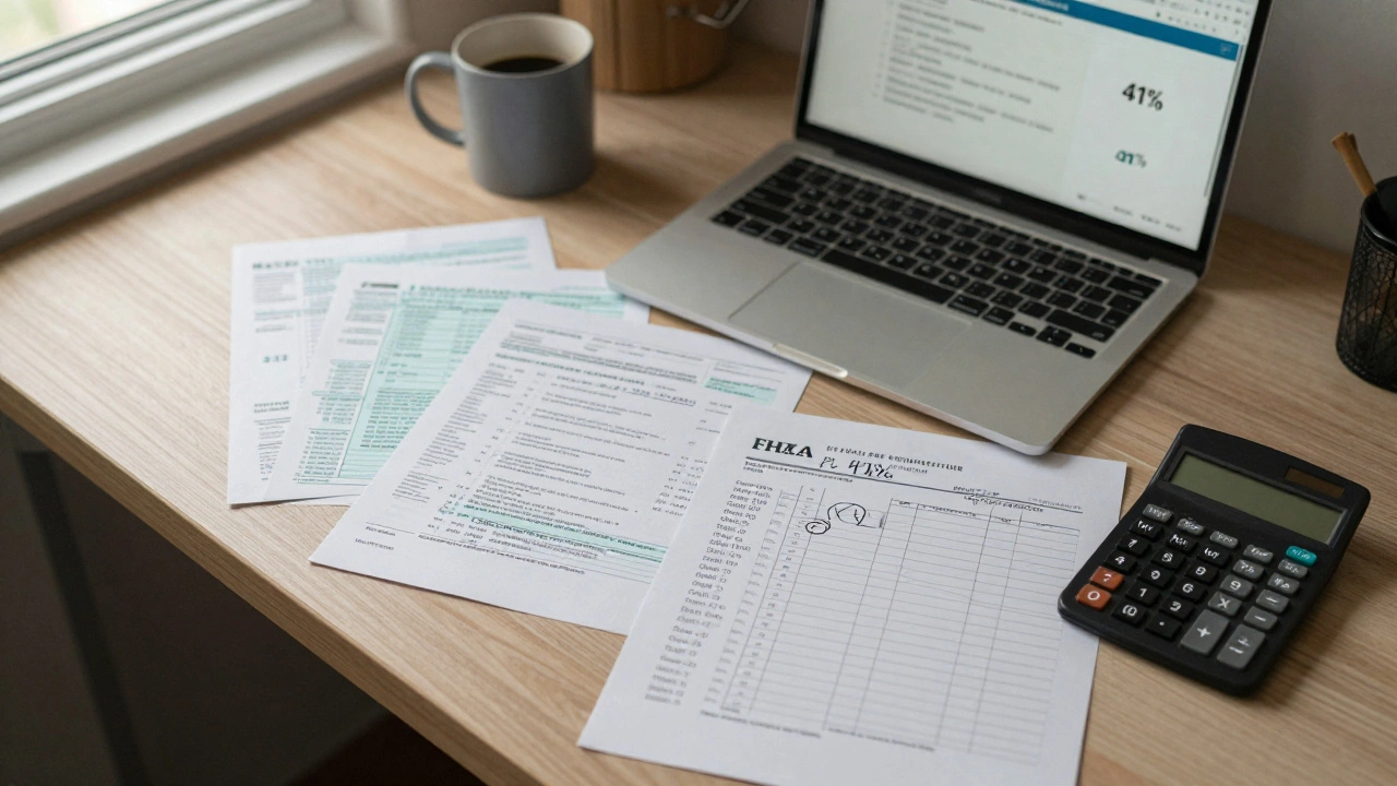 Financial documents and calculator on a kitchen table showing debt-to-income ratio.