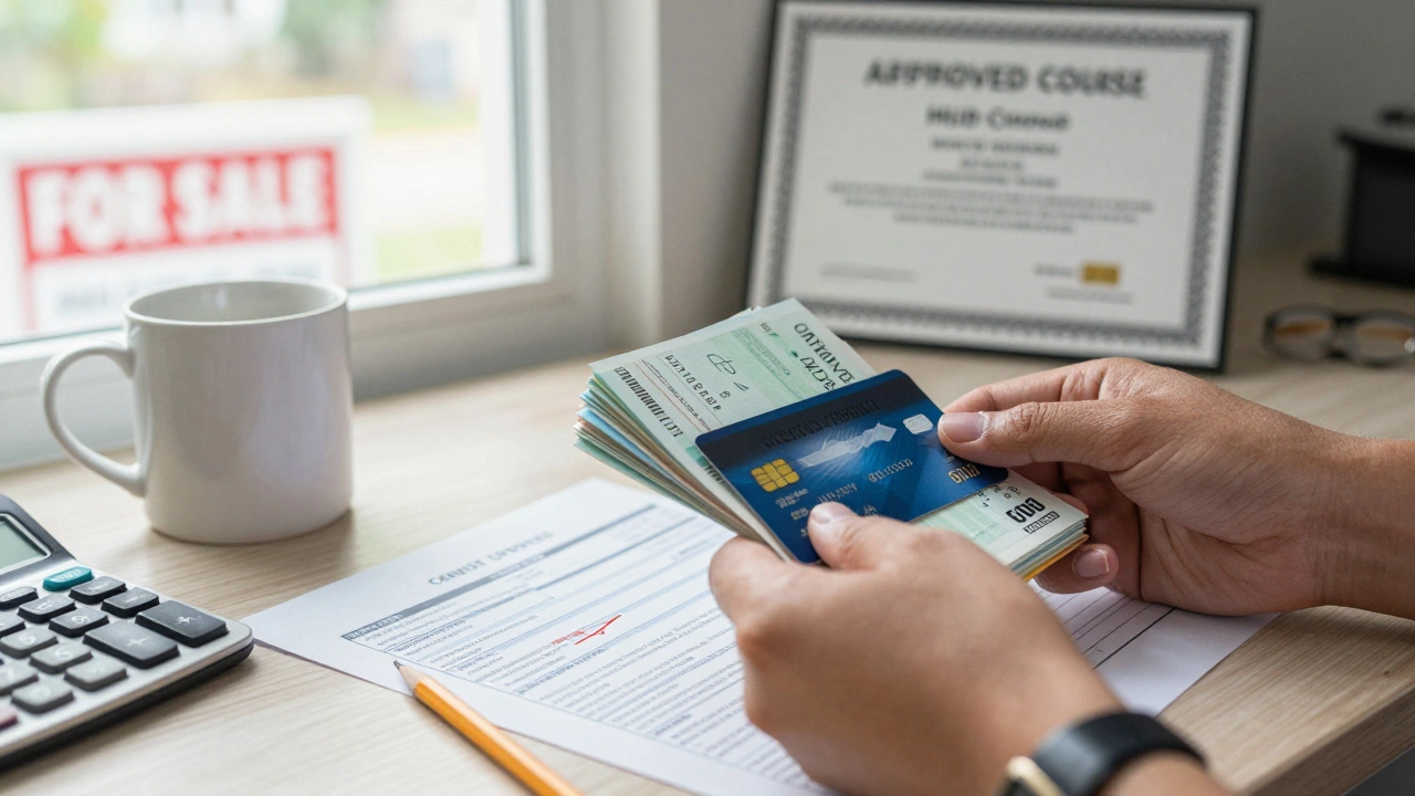Hands placing pay stubs, a credit card, and a corrected credit report on a kitchen table with morning light and a HUD course certificate on the wall.