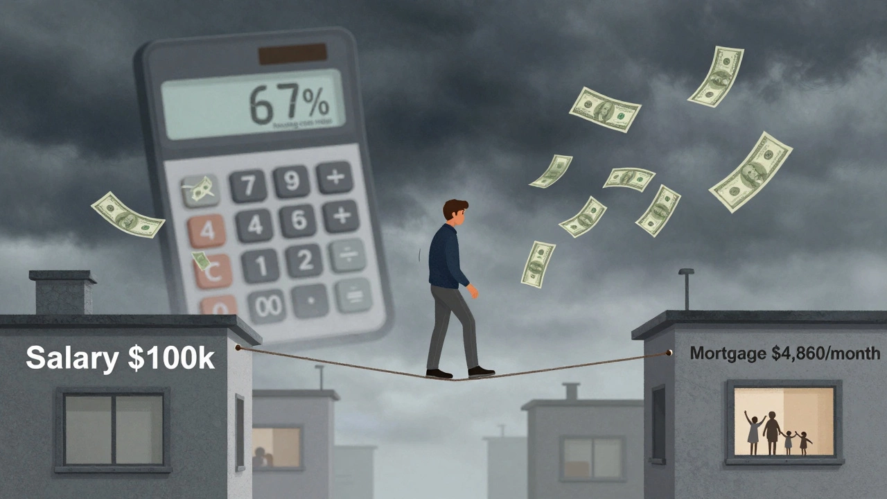Person balancing on a tightrope between salary and mortgage, with dollar bills and a calculator in the background.