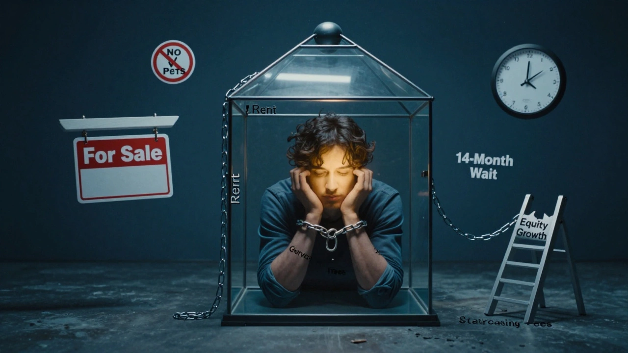 Person trapped in glass house cage bound by financial chains and restrictions.