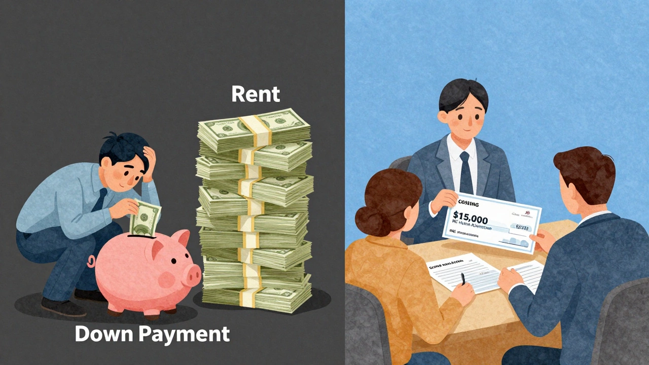 Side-by-side scene: rising rent bills vs. a ,000 assistance check helping buy a home.