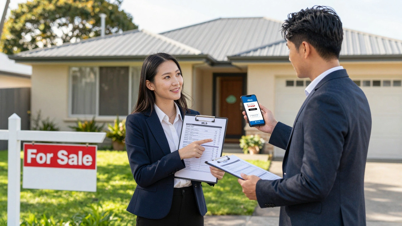 Two real estate agents comparing MLS data with a Zillow estimate outside a home in Auckland.
