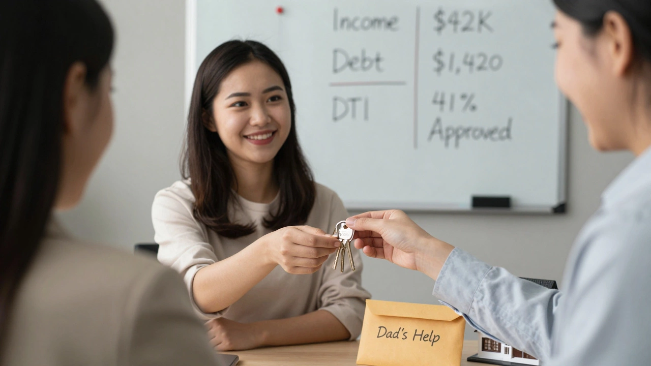 Young woman receiving house keys from loan officer with approved DTI chart visible.