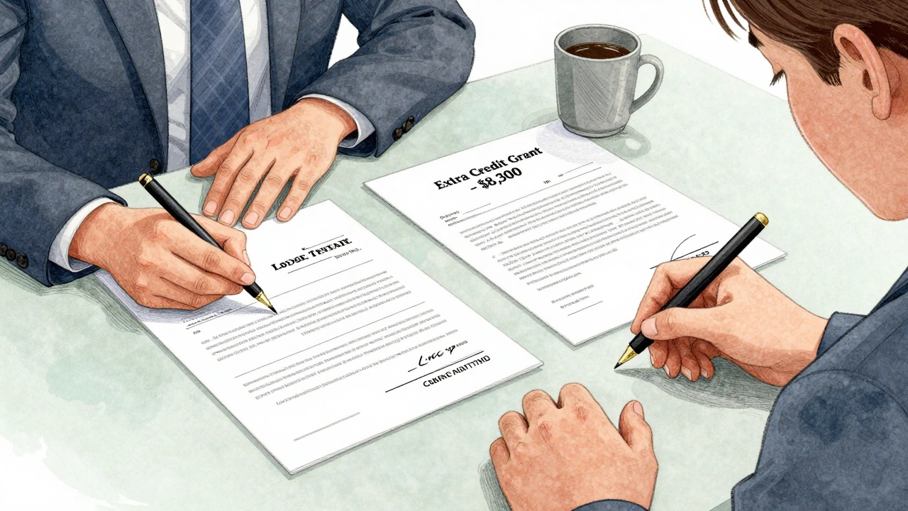 A closing table with a grant check and mortgage documents being signed.