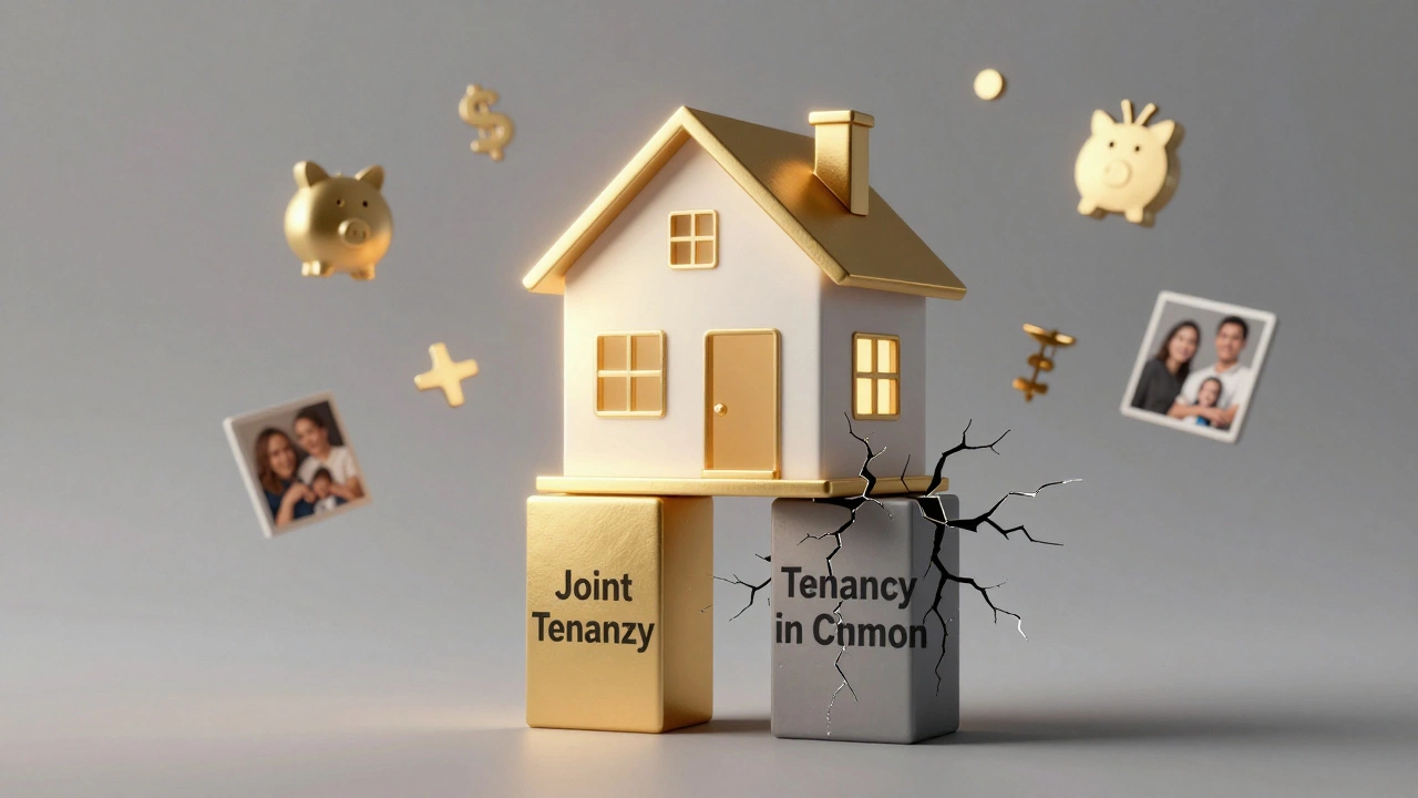 A house built on two legal ownership pillars, one strong and glowing, the other cracking.