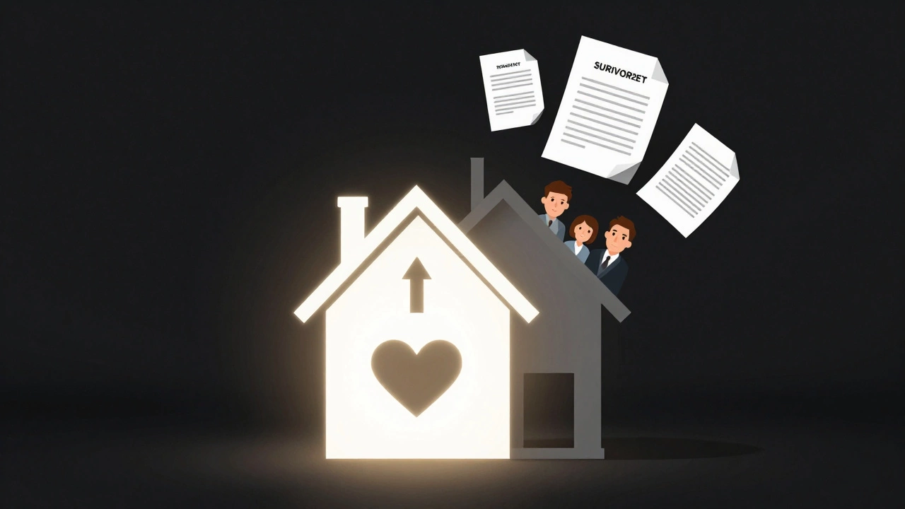 A house divided into two symbolic ownership types: joint tenancy and tenants in common.