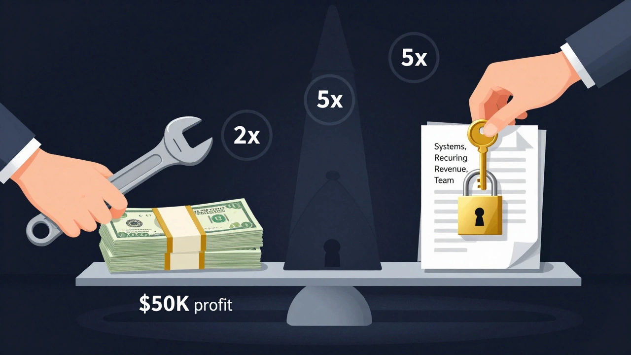 A valuation scale contrasting low profit with systems and recurring revenue, floating multiples above.