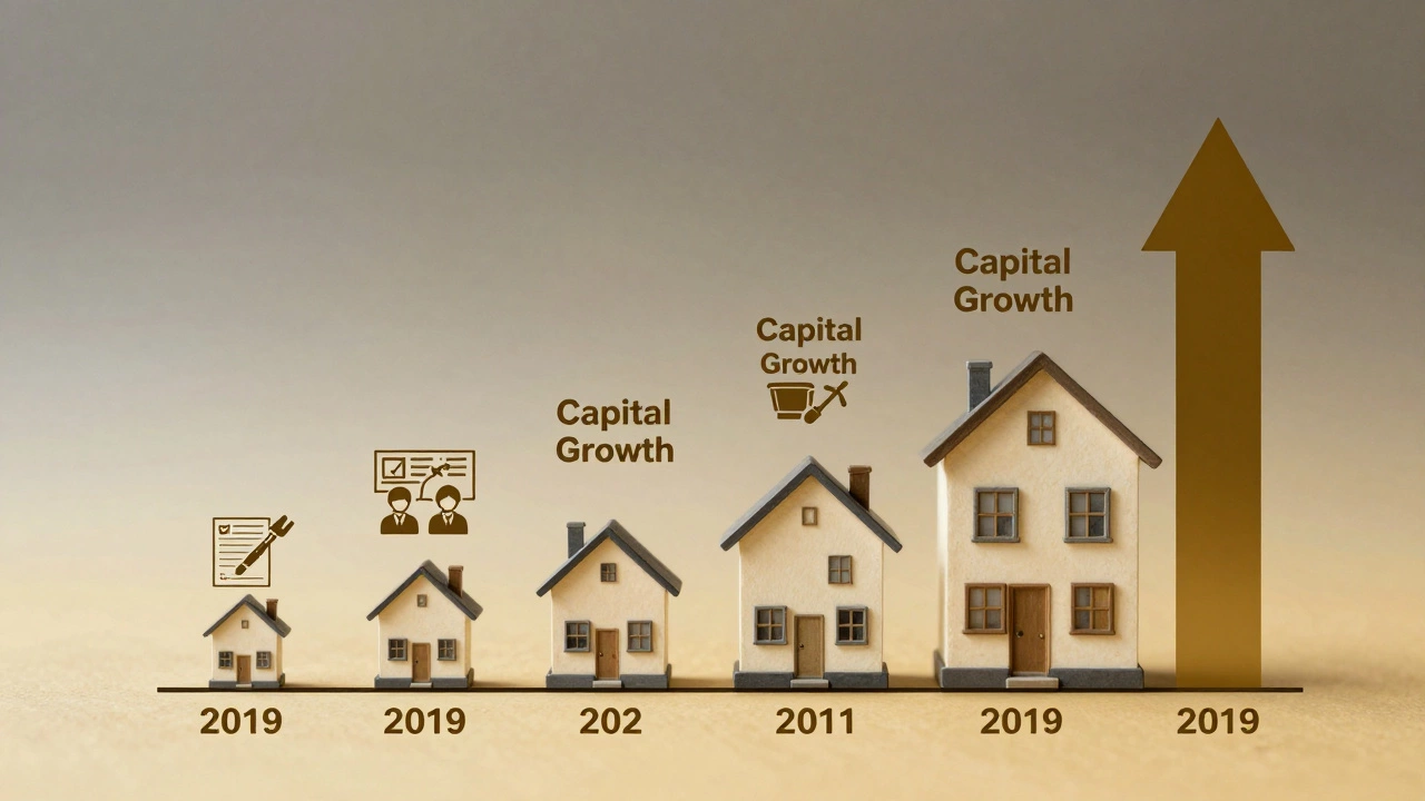 A visual timeline showing a rental property growing in value over five years with icons of rent and maintenance.