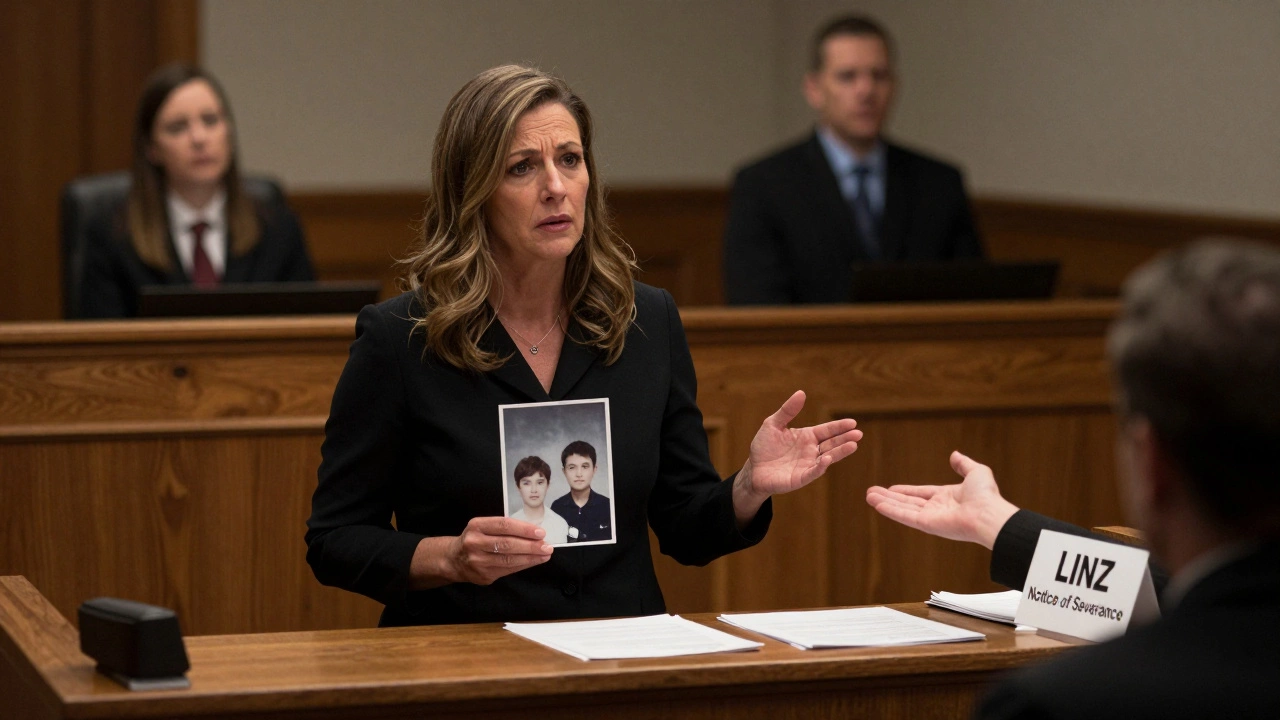 A woman in a courtroom holding a photo as legal papers about property severance are displayed.