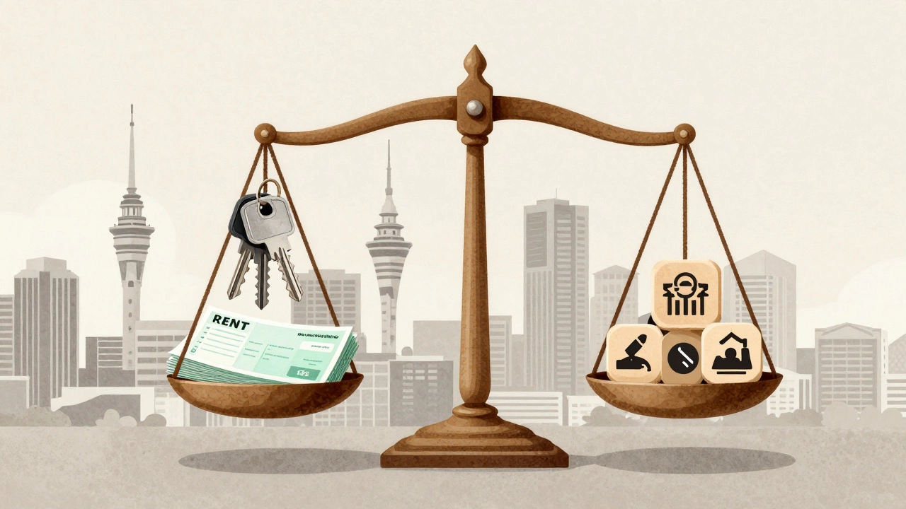 Balanced scale with rental income on one side and operating expenses on the other.