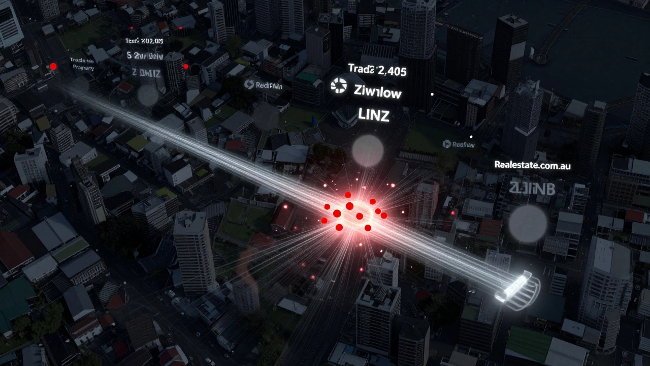 Digital map of Auckland with data streams feeding into Realestate.com.au, while other platforms appear outdated.