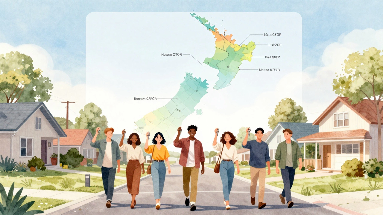 Diverse group of first-time buyers walking through a neighborhood with a regional price map in background.
