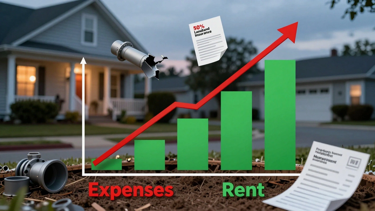 Graph showing rental income and expenses crossing at 50%, with property cost icons around it.