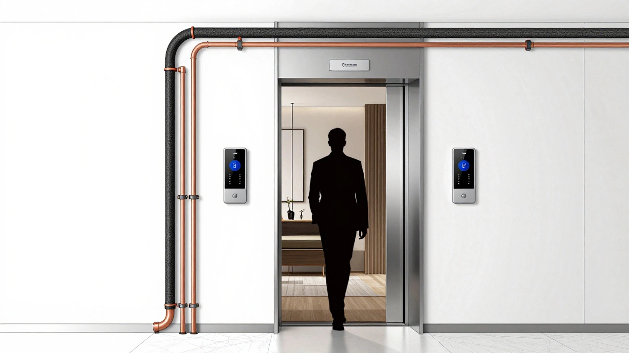 Hidden smart home systems in a luxury apartment, shown as elegant technical line art.