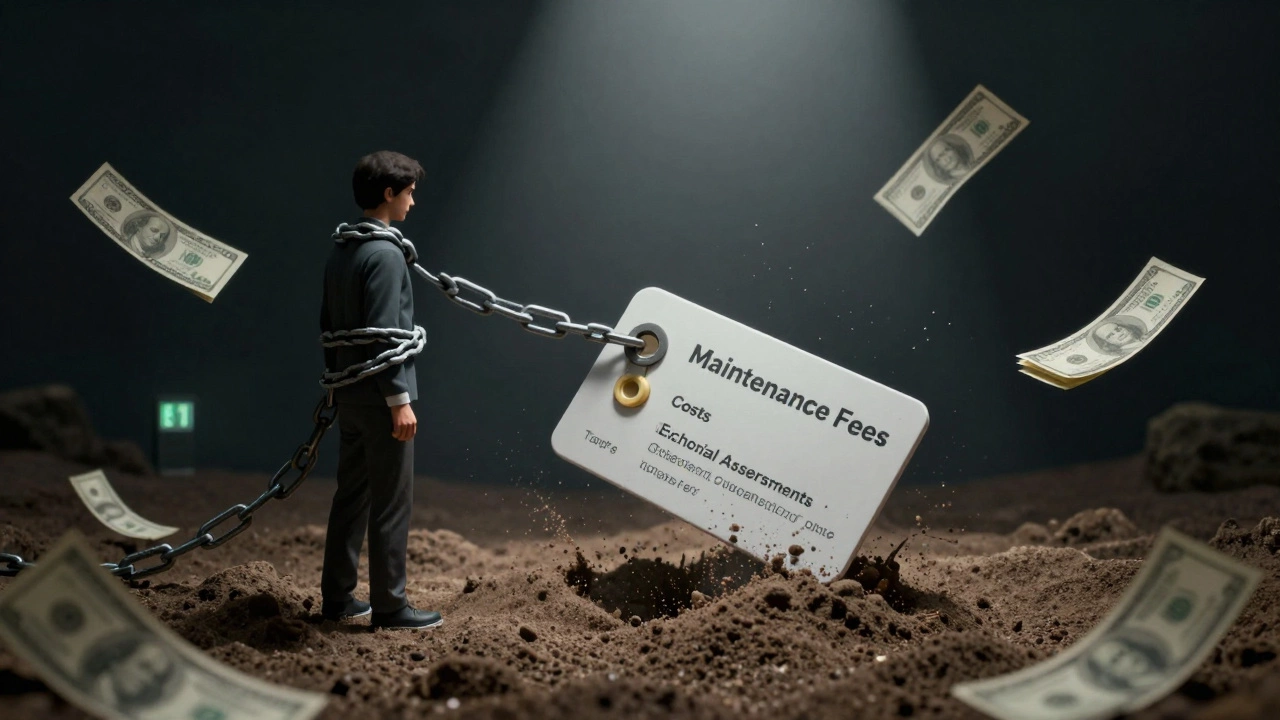 Person trapped by dollar bill chains labeled with timeshare fees, sinking into quicksand.