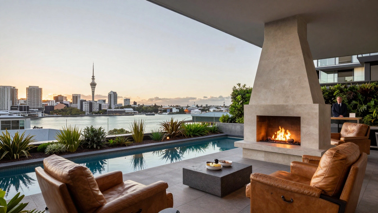 Private rooftop terrace with fireplace, gardens, and harbor views at golden hour.