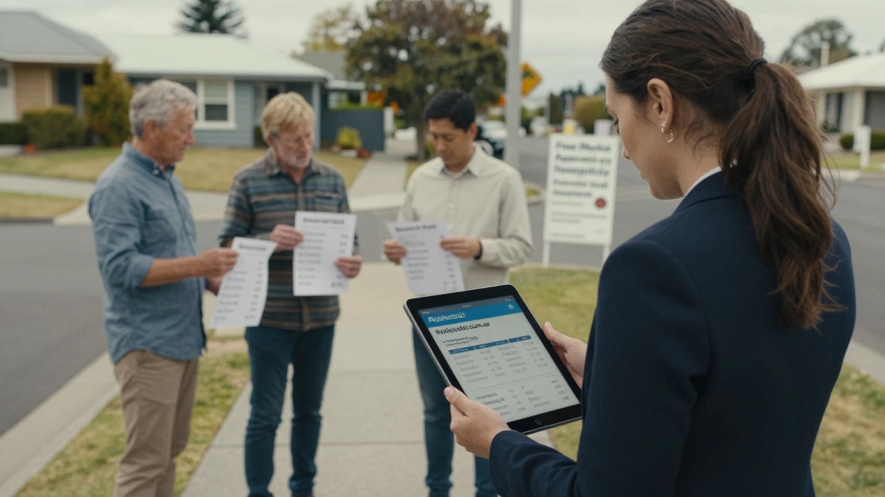 Real estate agent with tablet showing accurate home value, homeowners comparing handwritten estimates.