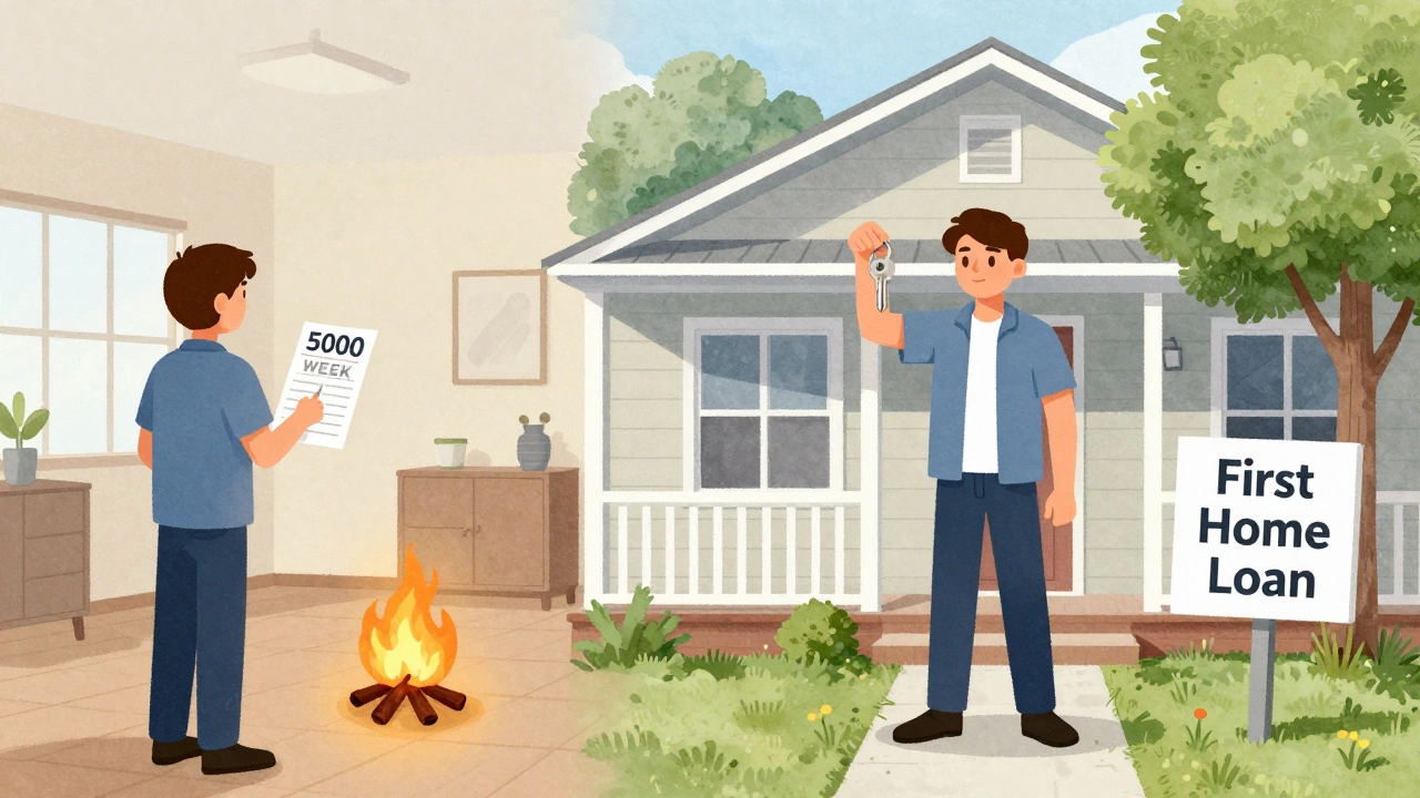 Split image: renter watching rent receipt burn vs. same person holding house key on porch with tree.