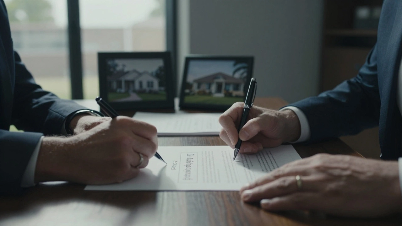 Two hands signing a legal agreement for shared home ownership in a lawyer's office.