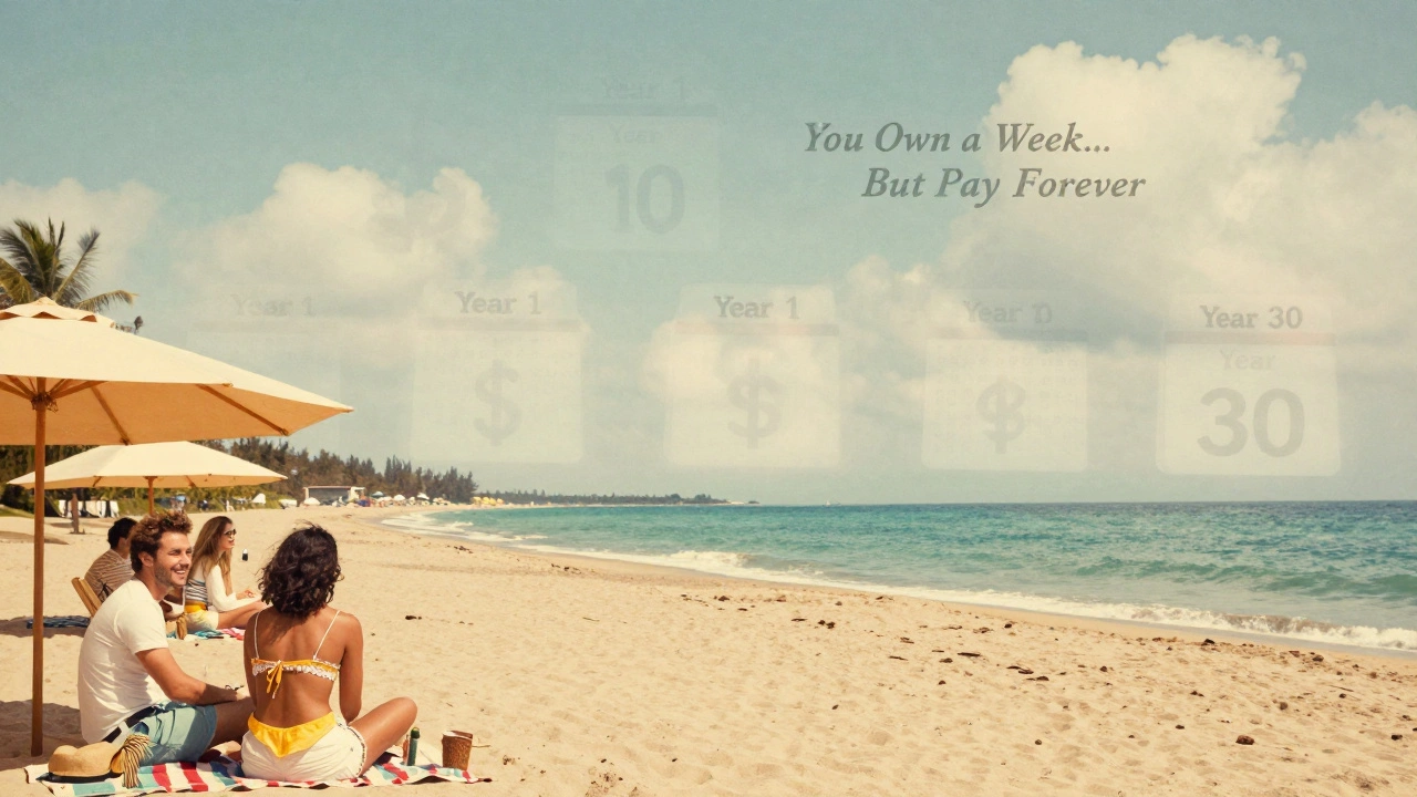 Vintage resort poster with ghostly dollar signs and dates stretching into the future.