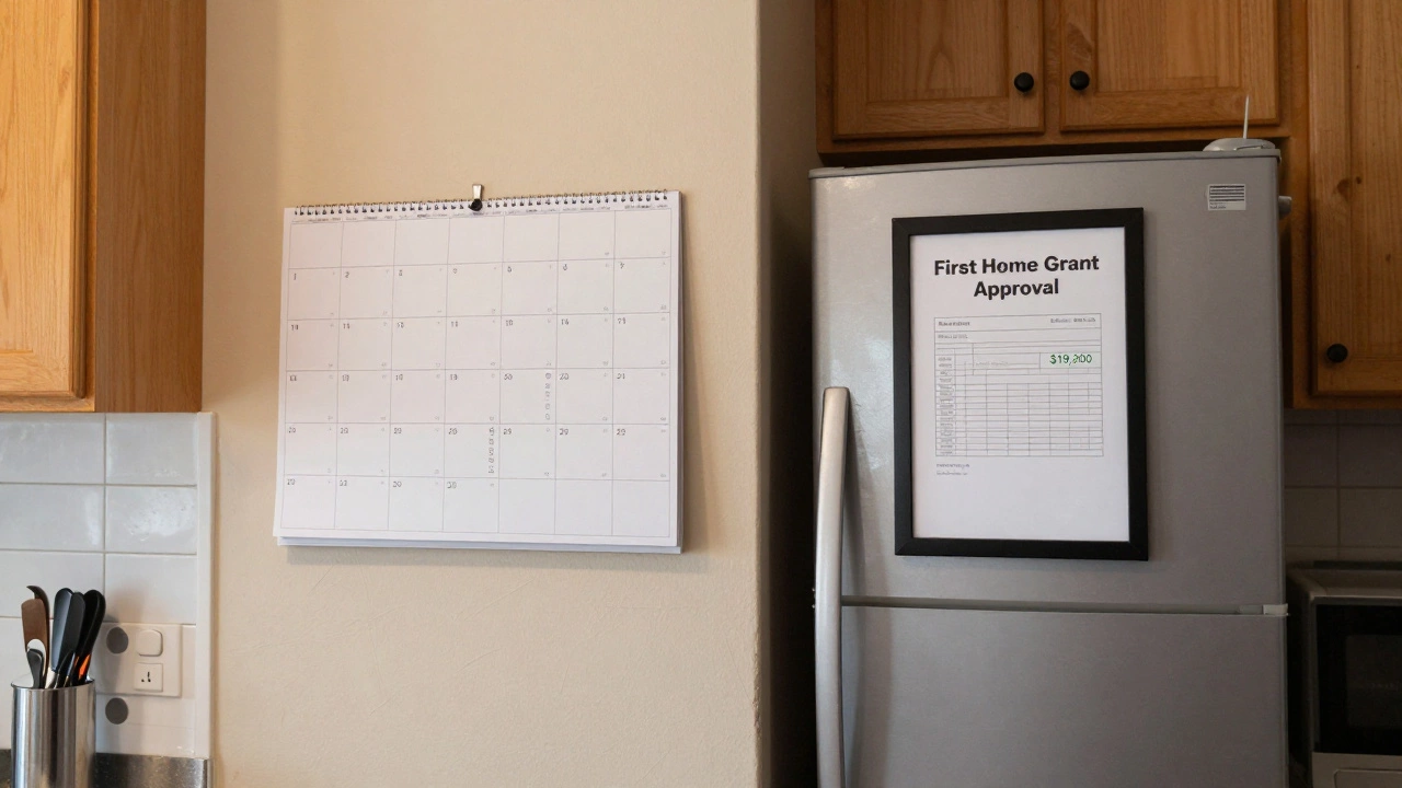 A first-time buyer's kitchen with savings calendar and First Home Grant approval on the fridge.
