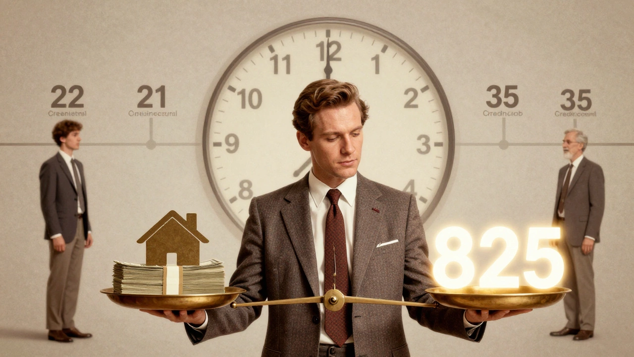 A man balances a scale with a house and an 825 credit score, a decade passing behind him in a vintage poster style.