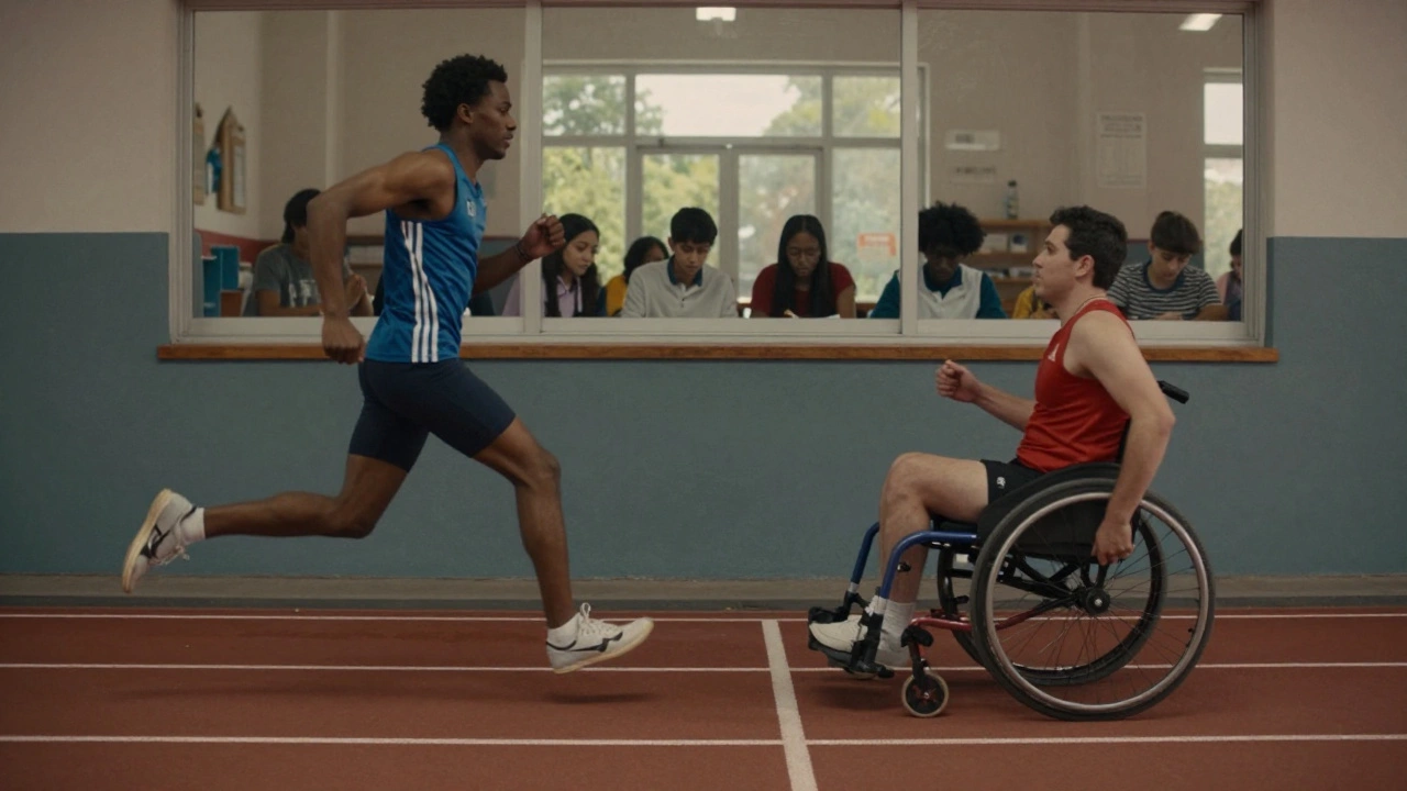 A runner in a wheelchair crosses the finish line beside a typical runner, symbolizing equitable access in education.