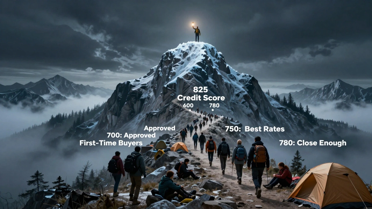 A solitary figure reaches the peak of a mountain labeled '825 Credit Score' while others trail below at lower credit levels.