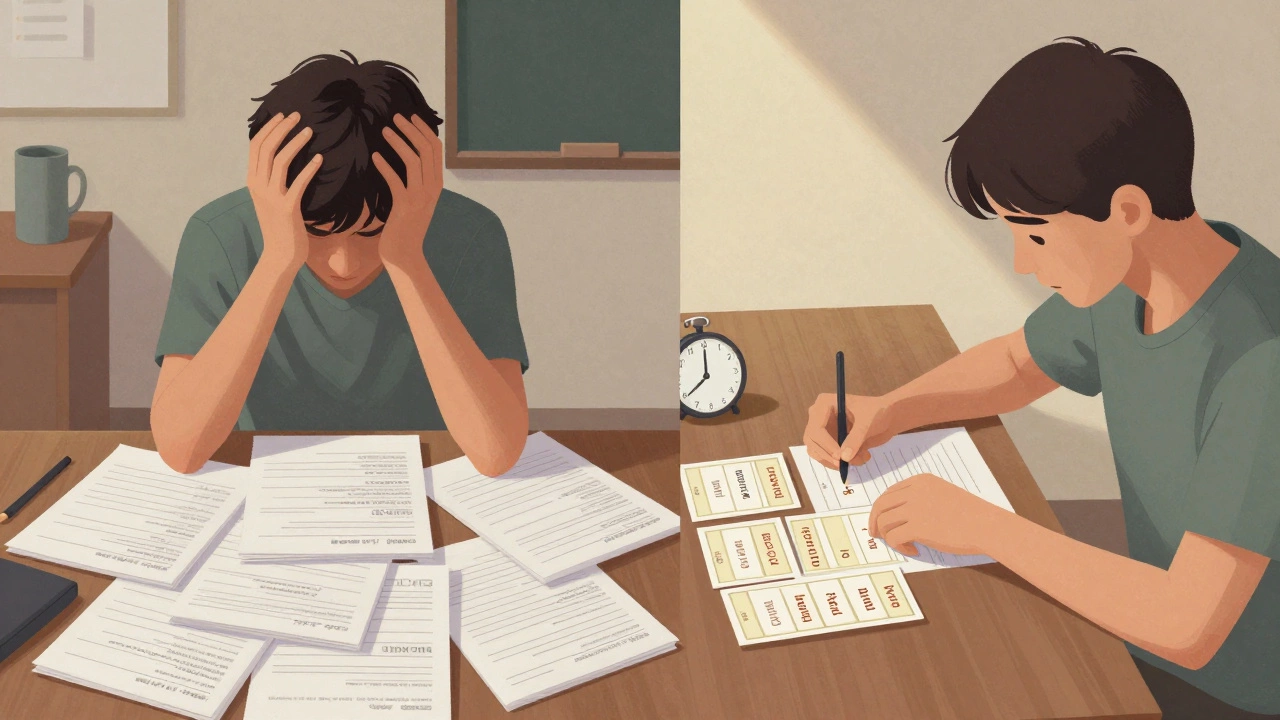 A student breaks down a large assignment into smaller, manageable tasks with labeled cards and a timer.