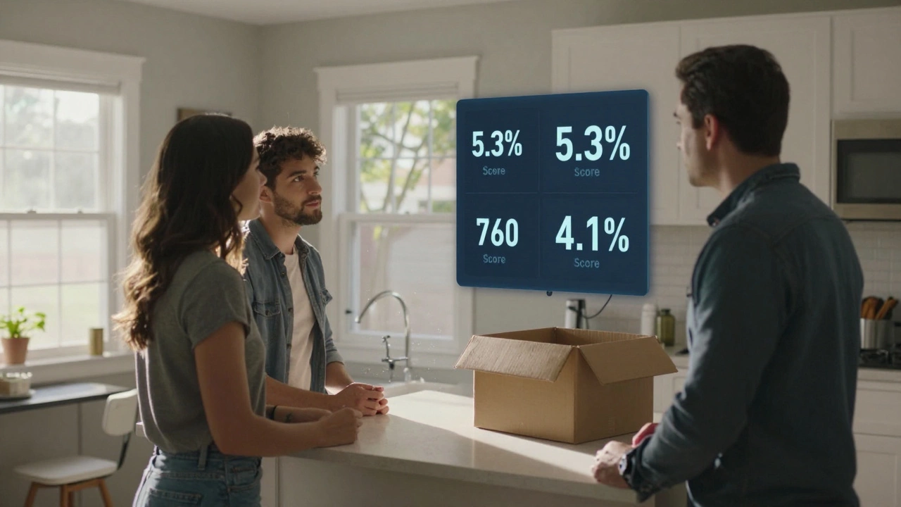 Couple inspecting a kitchen with a floating display showing mortgage interest rate differences.