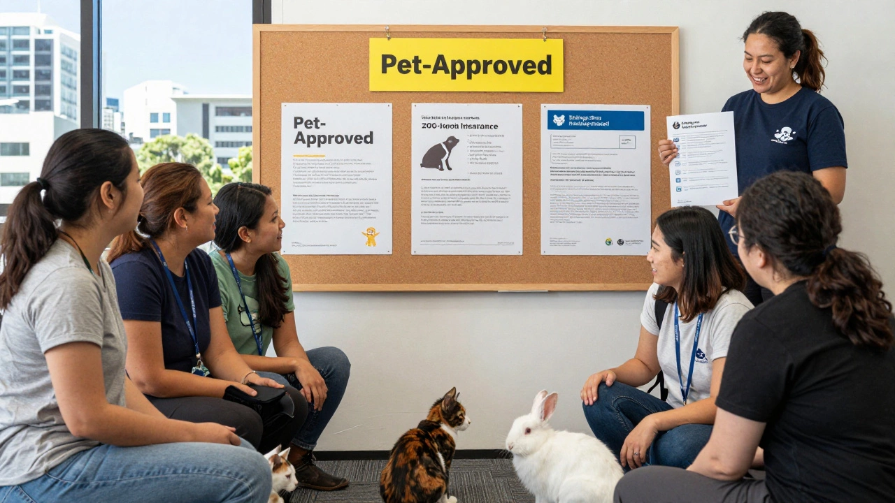 Diverse group of pet owners celebrating approved pet tenancies with insurance and training records.