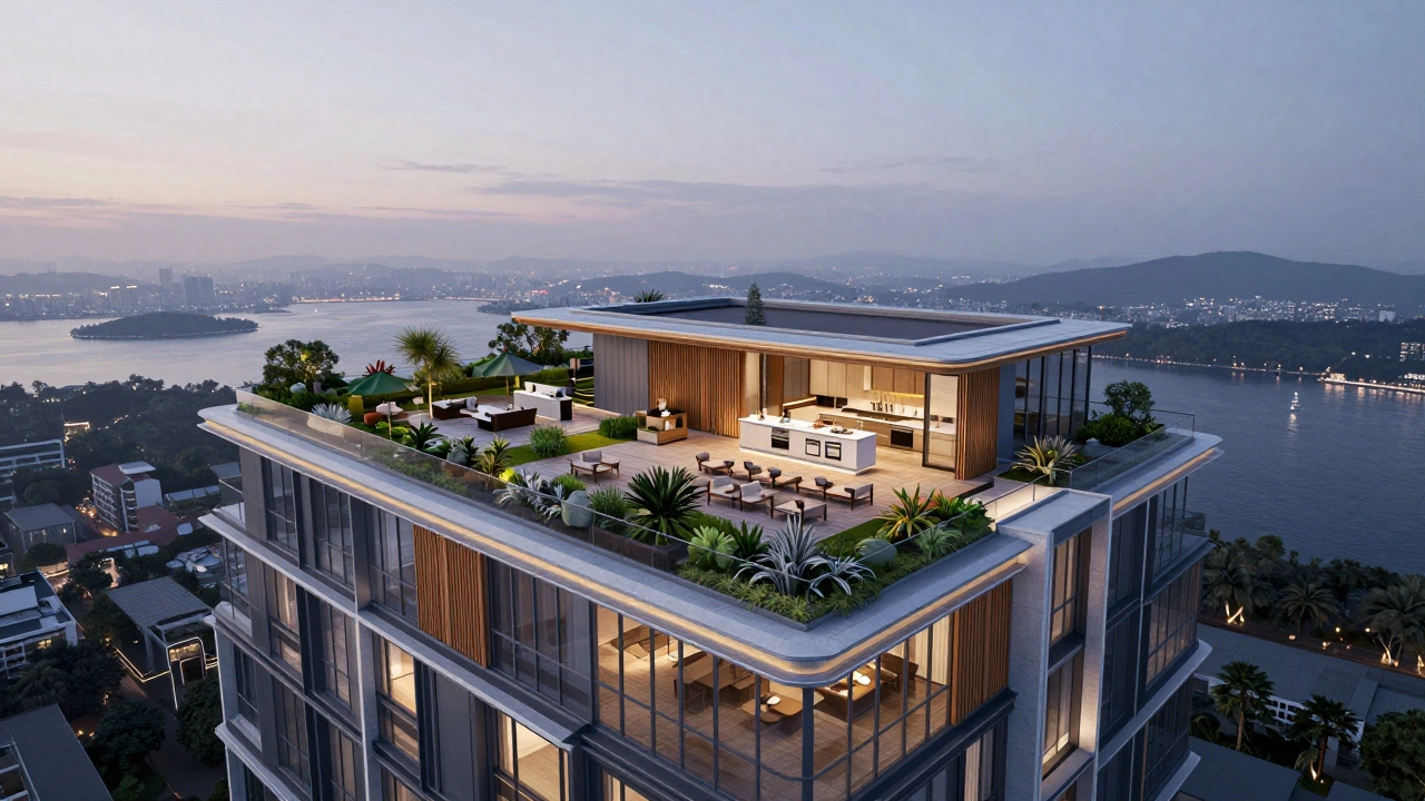 Duplex penthouse with expansive rooftop garden and outdoor kitchen, overlooking a modern skyscraper cityscape.