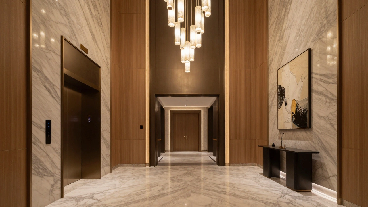 Elegant penthouse foyer with high ceilings, marble floors, and designer chandelier, exuding quiet luxury.