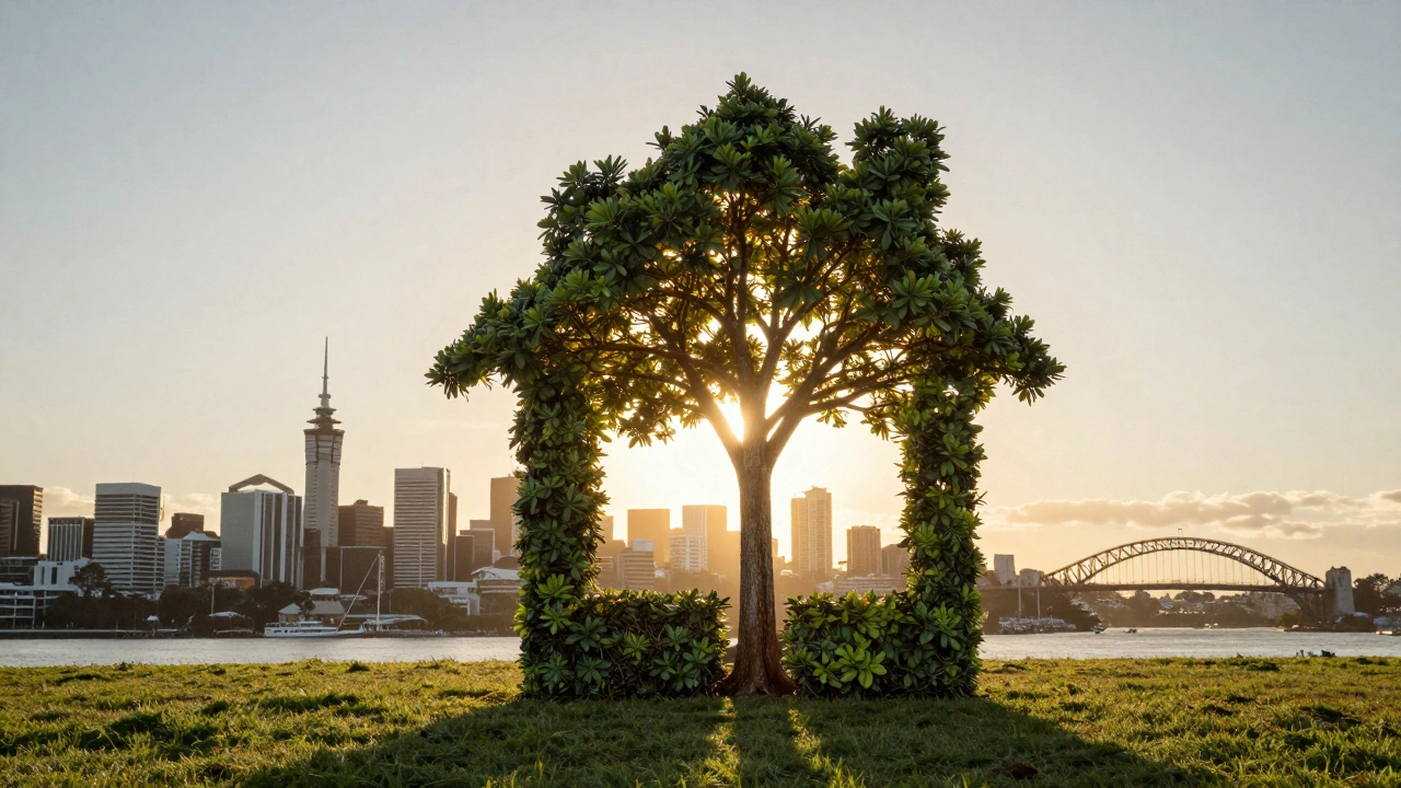 House with tree growing from foundation, split ownership sections, Auckland skyline.