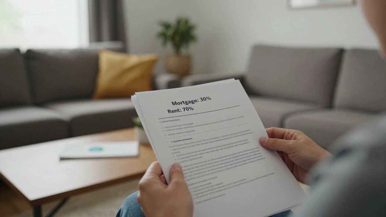 Person reviewing mortgage and rent documents in a shared ownership home living room.