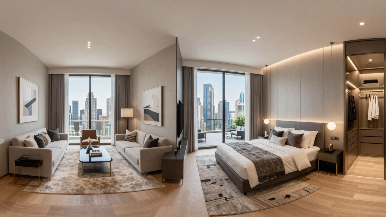 Side-by-side comparison of a cramped New York studio versus a spacious Dubai luxury unit, highlighting the difference in usable space.