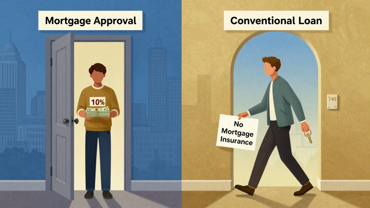 Split image: one person at a locked door with low credit score, another entering freely with high score.
