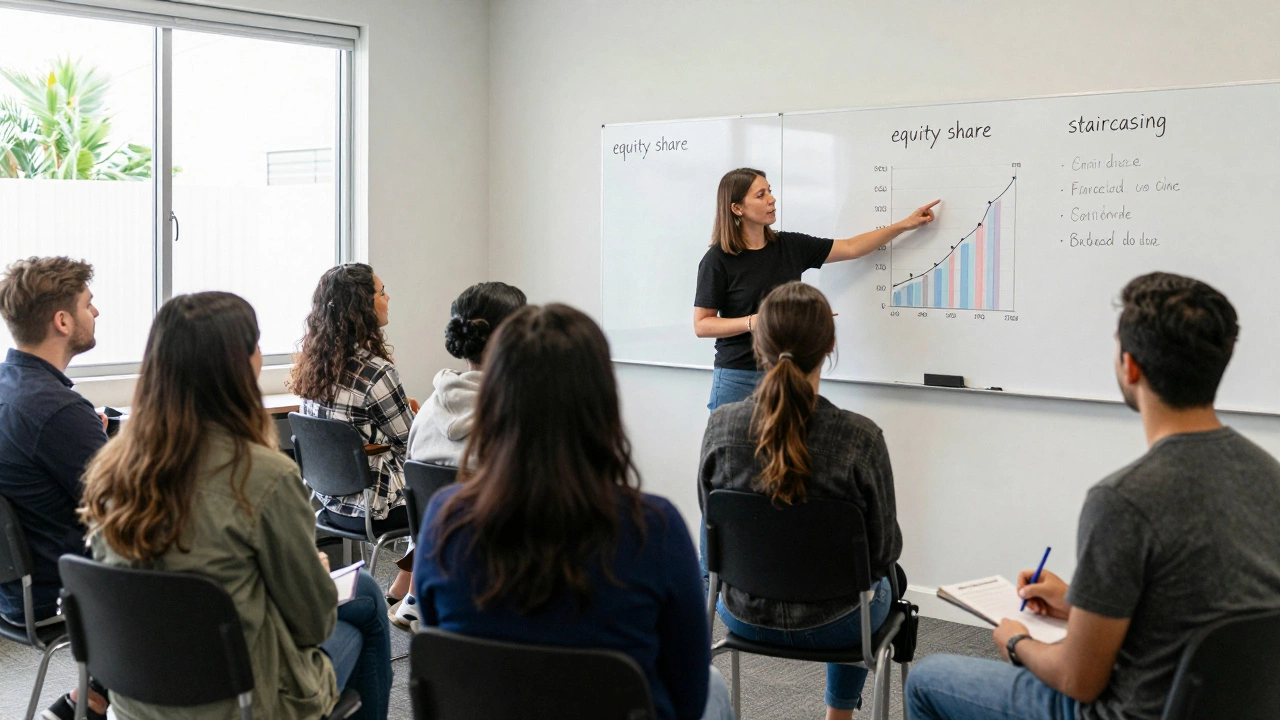 A diverse group attending a shared ownership workshop in Auckland, with whiteboards showing key terms and concepts.