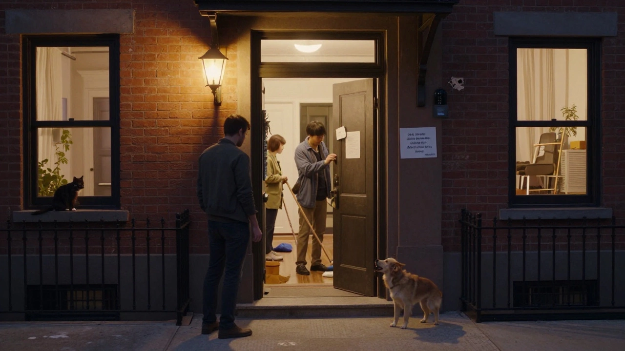 A dog barking at a stranger outside an apartment building while tenants care for their home, at dusk.