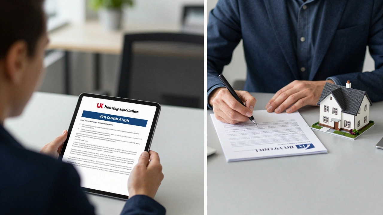 A financial advisor and buyer reviewing a shared ownership mortgage plan with a tablet showing ownership percentages.